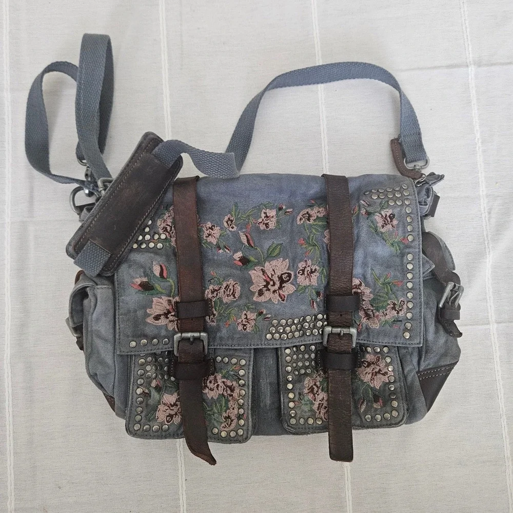 Free People Floral Embroidered Studded Canvas Messenger Bag Blue Boho Crossbody
